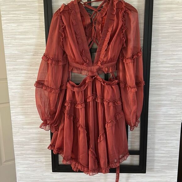 NWT Femi rust color ruffle open side mini dress long sleeves size M - Picture 1 of 6